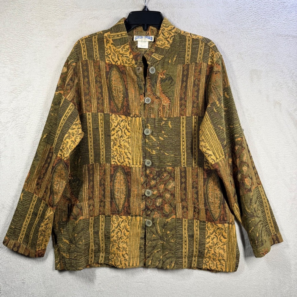 Gotcha Covered Tapestry Jacket Women Large Green Brown Giraffe Boho Woven USA